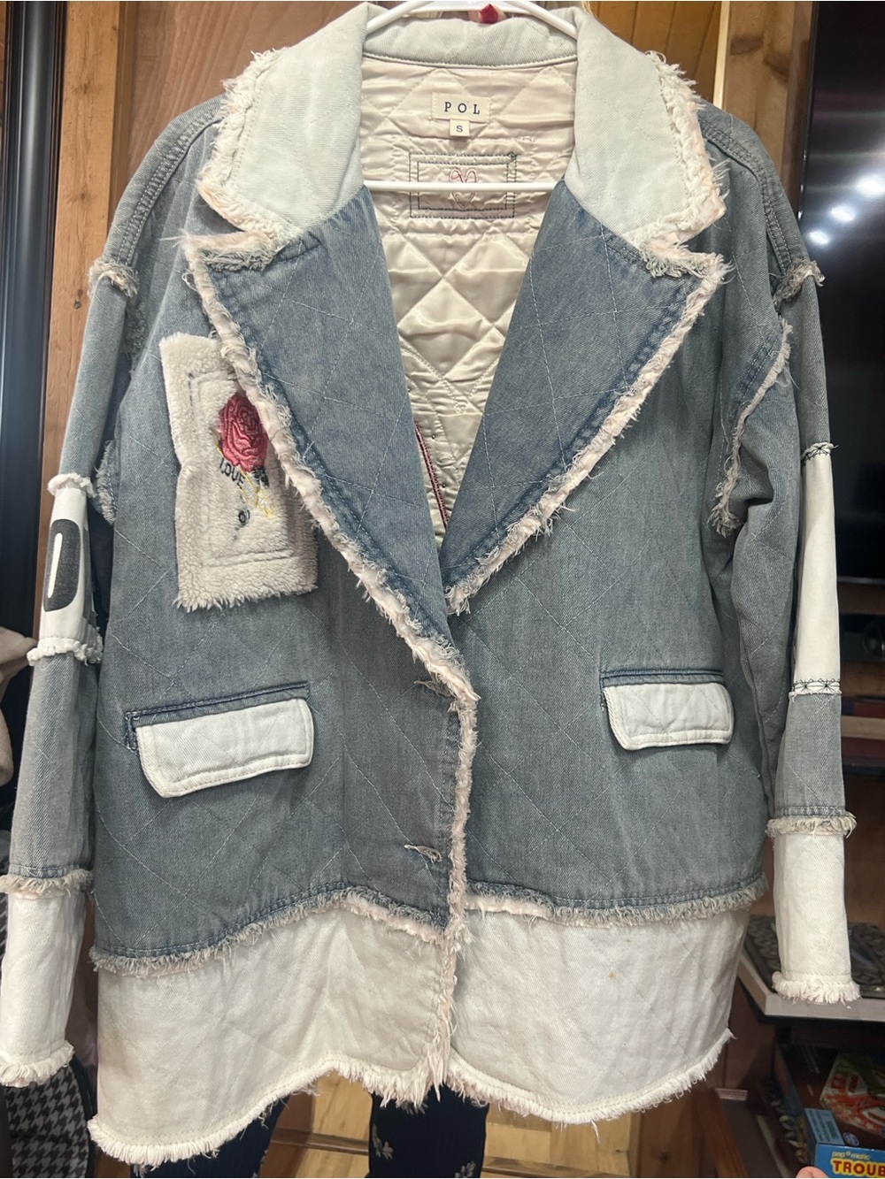 POL Light Blue Denim Jacket with Ivory Quilted Trim and Rose Patch